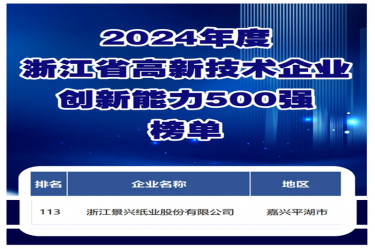 喜報！景興紙業(yè)入選浙江省高新技術(shù)企業(yè)創(chuàng)新能力500強榜單